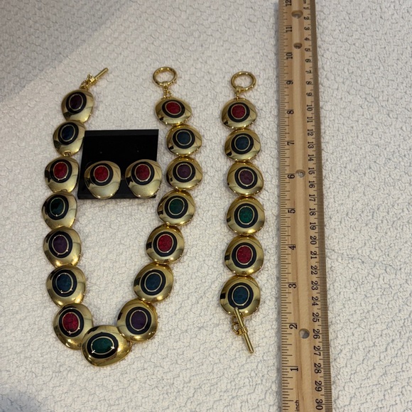 Vintage Brass Gold Enamel Multicolor Gemstone Necklace Bracelet Earrings Set - Picture 5 of 6